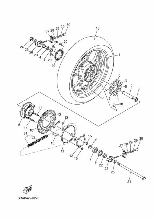 Yamaha BS7-F5338-10-98 Cast Wheel, Rear — shown on the Rear Wheel parts diagram