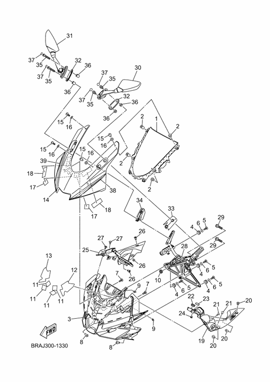 Yamaha 90160-05814 Screw, Round Tapping — shown on the Windshield parts diagram