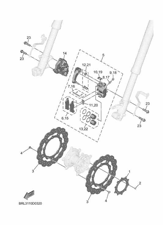 Yamaha BNW-F5924-00 . Pin, Pad — shown on the Front Brake Caliper parts diagram