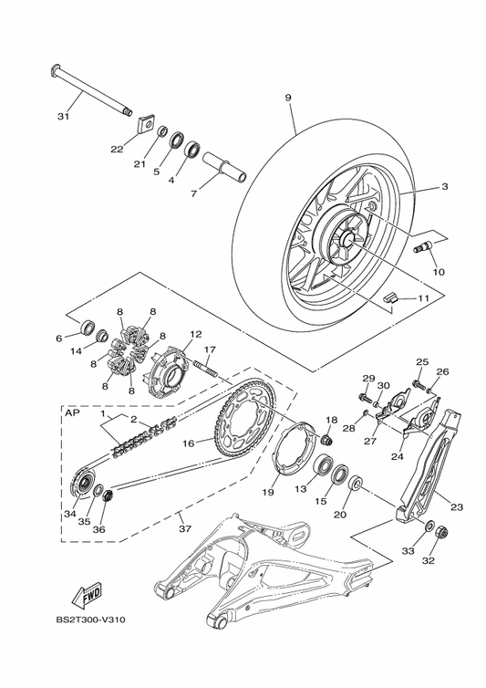 Yamaha 1RC-25364-00 Damper — shown on the Rear Wheel parts diagram