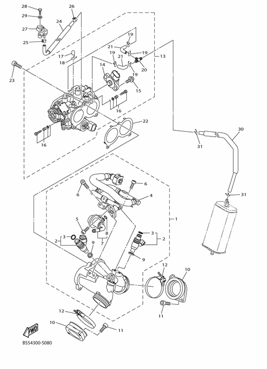 Yamaha 1TP-13590-10 Carburetor Joint Assy — shown on the Intake 1 parts diagram