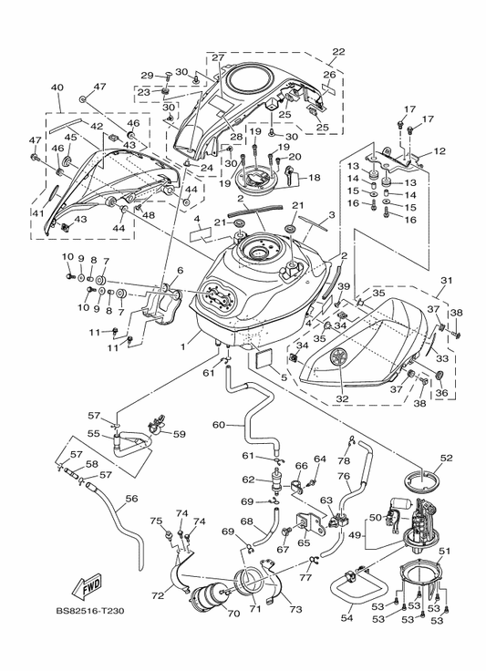 Yamaha 90464-15014 Clamp — shown on the Fuel Tank parts diagram