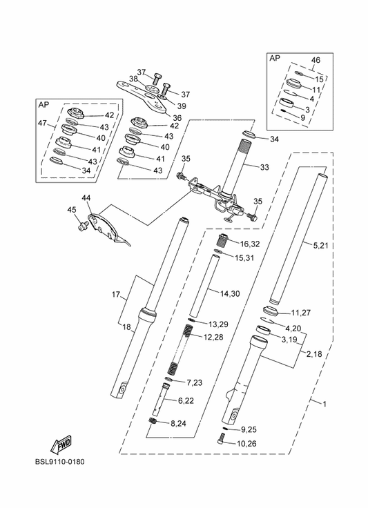 Yamaha 3YJ-23414-00 . Race, Ball 4 — shown on the Front Fork parts diagram