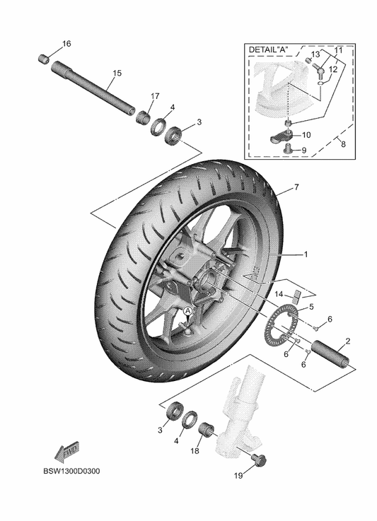 Yamaha 90105-14002 Bolt, Flange — shown on the Front Wheel parts diagram