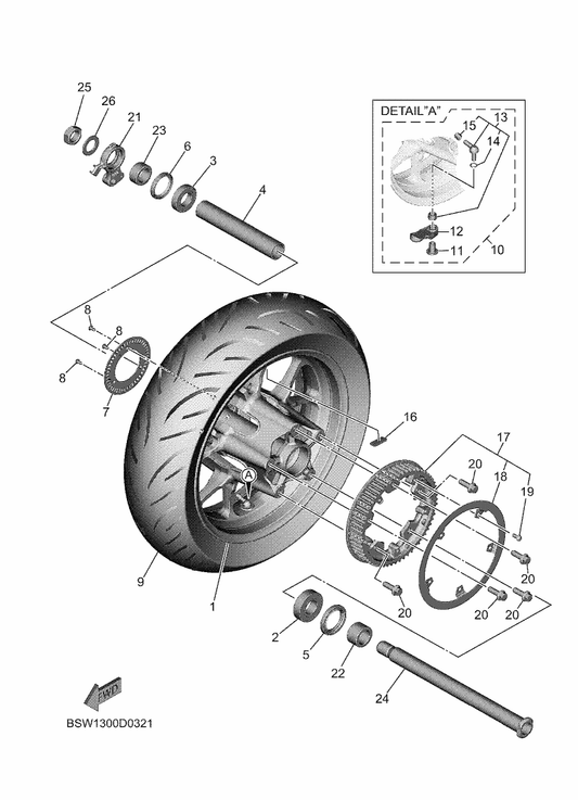 Yamaha 94116-15024 Tire (160/60R15M/C 67H) — shown on the Rear Wheel parts diagram