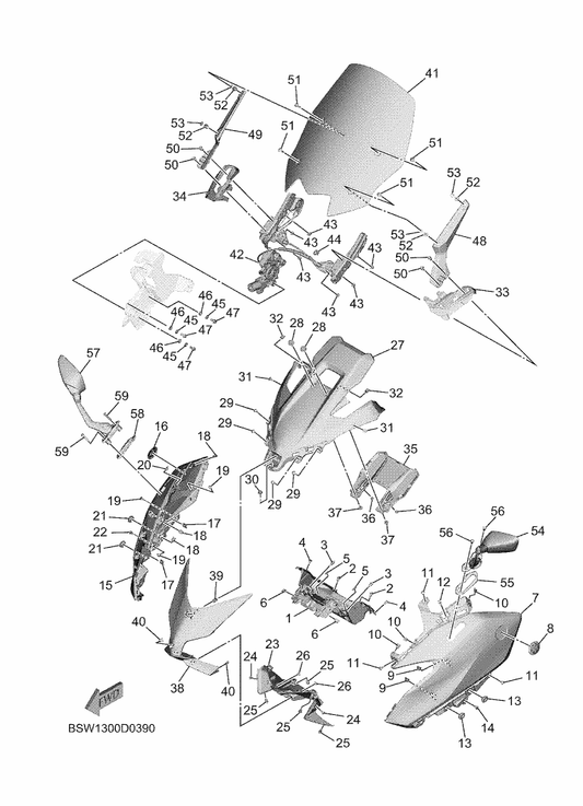 Yamaha BSW-F6280-00 Rear View Mirror Assy (Left) — shown on the Windshield parts diagram