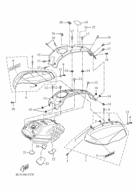 Yamaha B34-YF416-00 Tank Side Cover Assy 1 — shown on the Fuel Tank 2 parts diagram