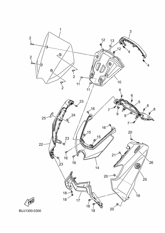 Yamaha BLS-F2865-00-P1 Cover, Front — shown on the Windshield parts diagram