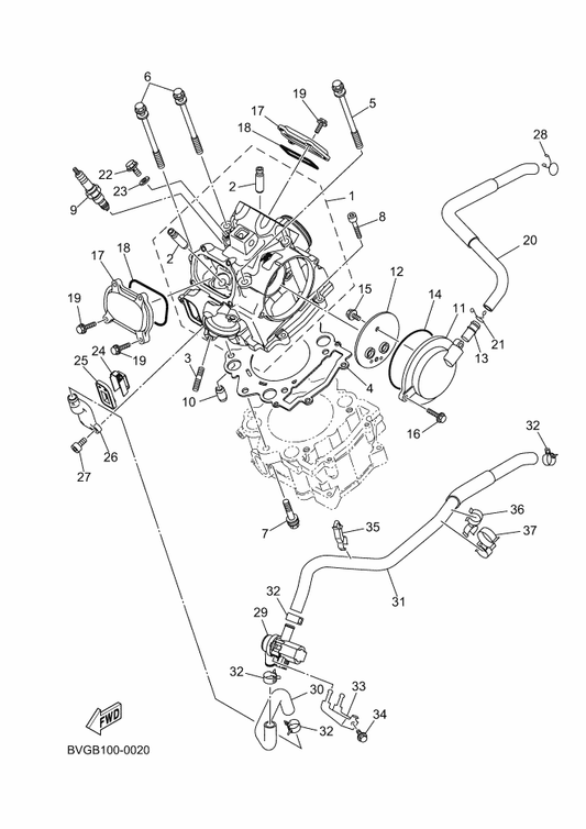 Yamaha B4F-E1166-00 Pipe, Breather 1 — shown on the Cylinder Head parts diagram