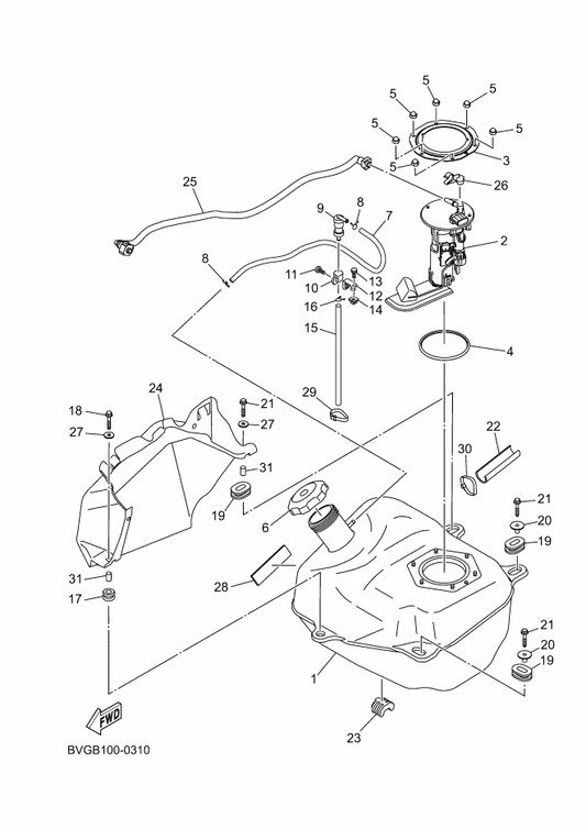 Yamaha BFE-F4180-00 Roll Over Valve Assy — shown on the Fuel Tank parts diagram