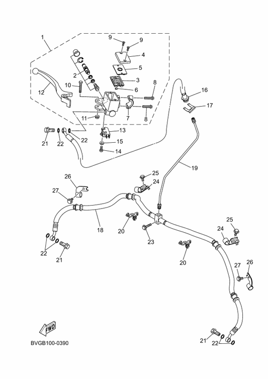 Yamaha BVG-F5873-00 Hose, Brake 2 — shown on the Front Master Cylinder parts diagram