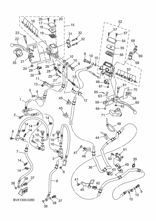 Yamaha 95D32-06025 Bolt, Flange Deep Recess — shown on the Front Master Cylinder parts diagram