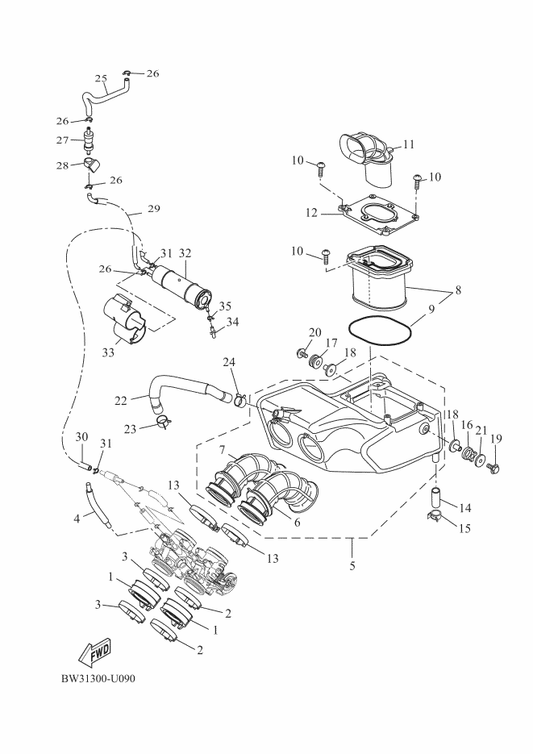 Yamaha BW3-13542-00 Hose, Vacuum Sensing 1 — shown on the Intake parts diagram
