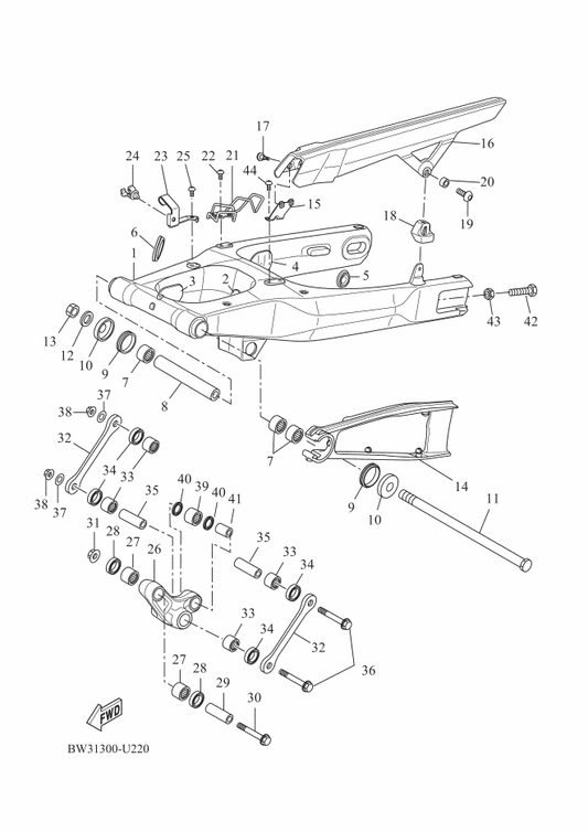 Yamaha BW3-F2313-00 Rubber, Chain Case — shown on the Rear Arm parts diagram