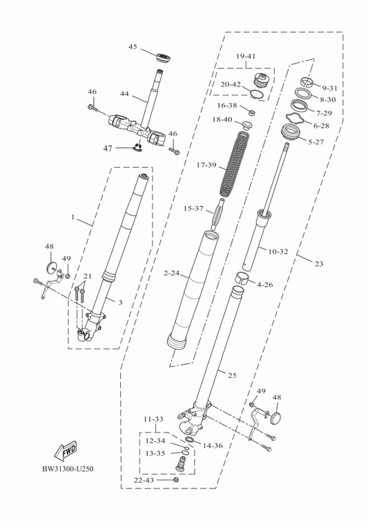 Yamaha 23P-23117-00 . Guide, Spring — shown on the Front Fork parts diagram