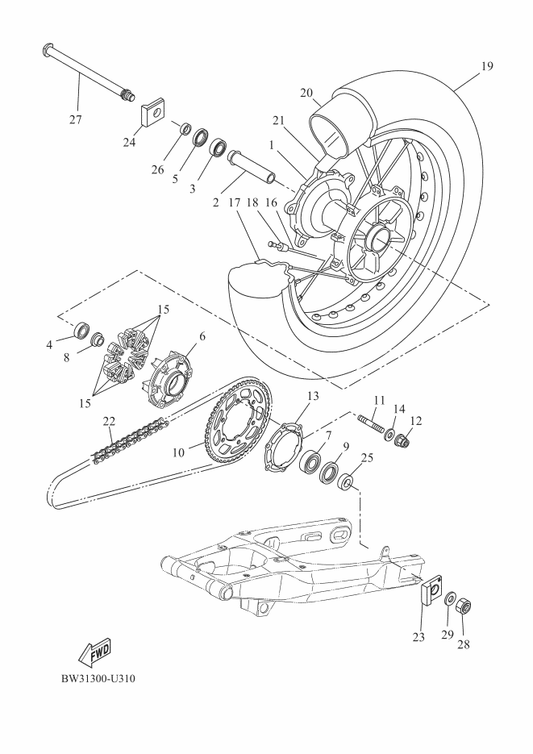 Yamaha BW3-25317-00 Spacer, Bearing — shown on the Rear Wheel parts diagram