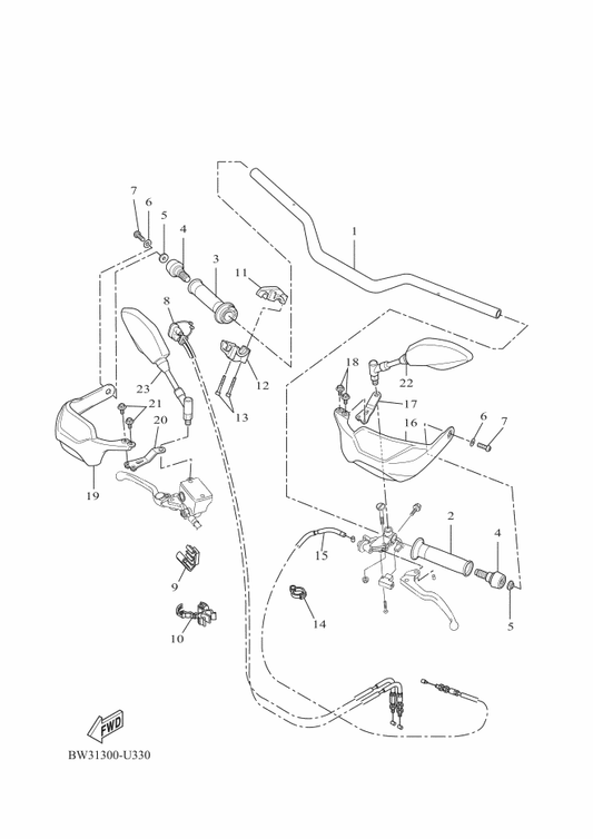 Yamaha BW3-F6111-10 Handlebar — shown on the Steering Handle & Cable parts diagram