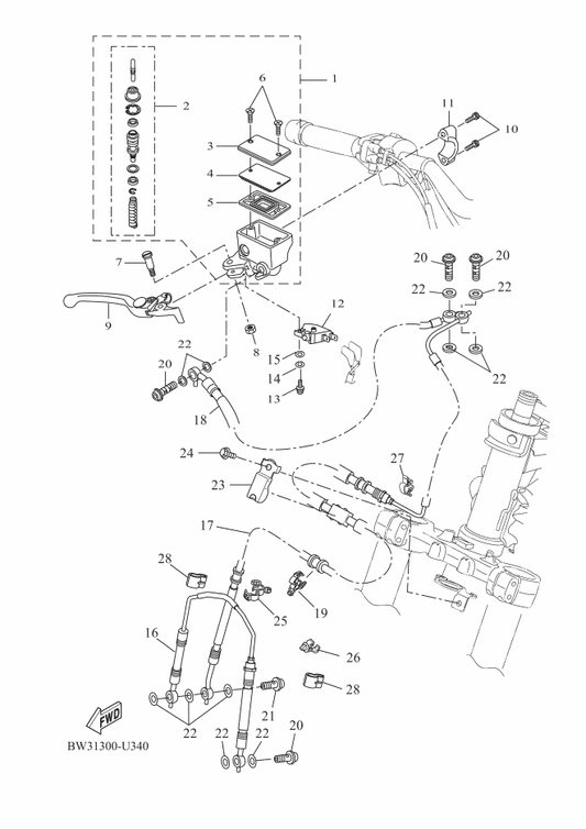 Yamaha BAG-F5873-01 Hose, Brake 2 — shown on the Front Master Cylinder parts diagram