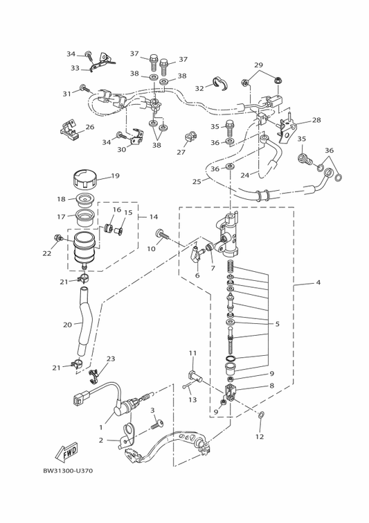 Yamaha BW3-2584D-02 Hose, Brake — shown on the Rear Master Cylinder parts diagram