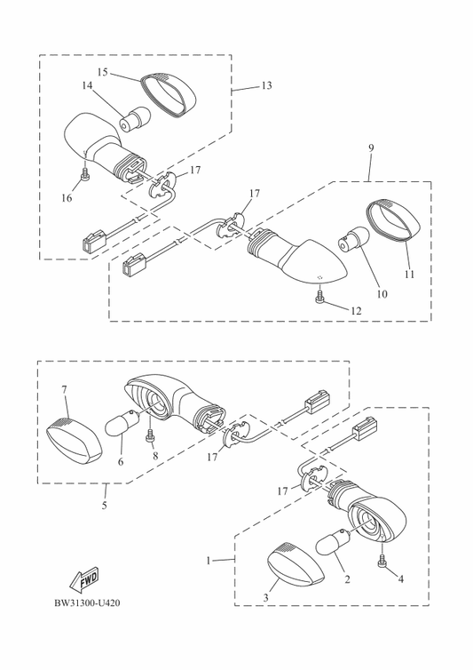 Yamaha BW3-H3310-00 Front Flasher Light Assy 1 — shown on the Flasher Light parts diagram