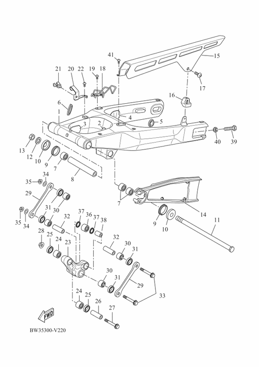 Yamaha BW3-F21E2-20 Hwk. Chain Guard — shown on the Rear Arm parts diagram