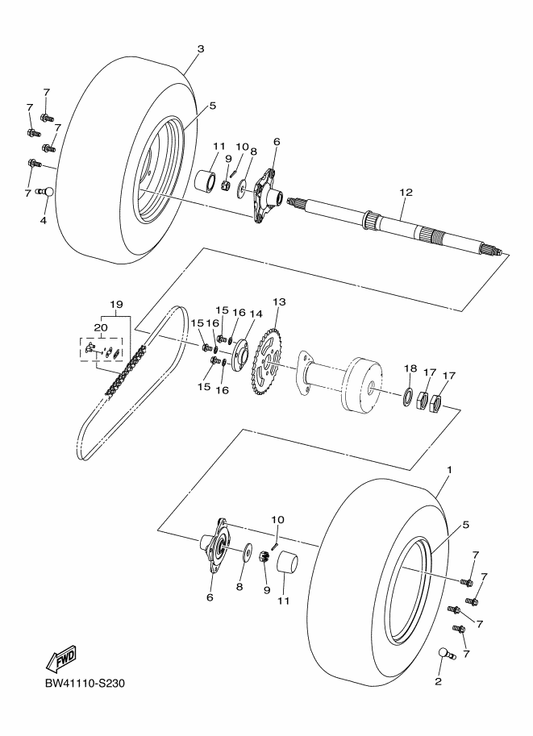Yamaha BW4-F5382-00 Nut, Axle — shown on the Rear Axle & Wheel parts diagram