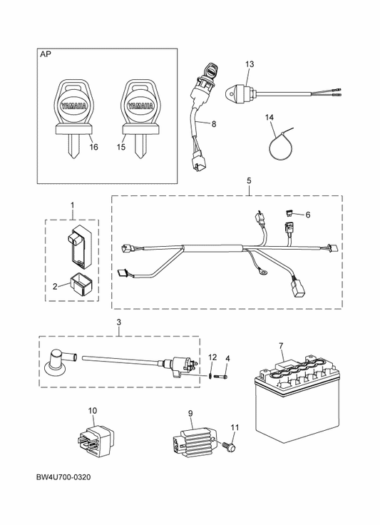Yamaha BW4-H2544-00 Clamp — shown on the Electrical 1 parts diagram