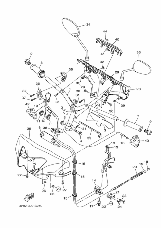 Yamaha BW5-F6290-10 Rear View Mirror Assy (Right) — shown on the Steering Handle & Cable parts diagram