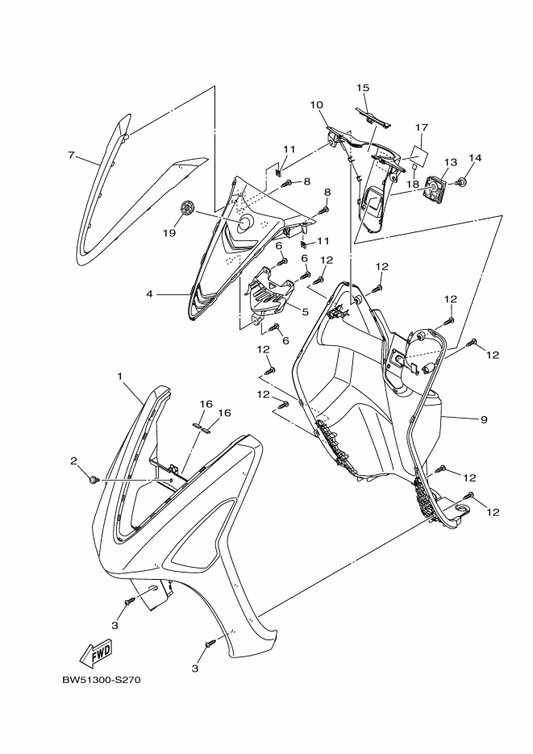 Yamaha BW5-F834V-10 Protector 1 — shown on the Leg Shield parts diagram