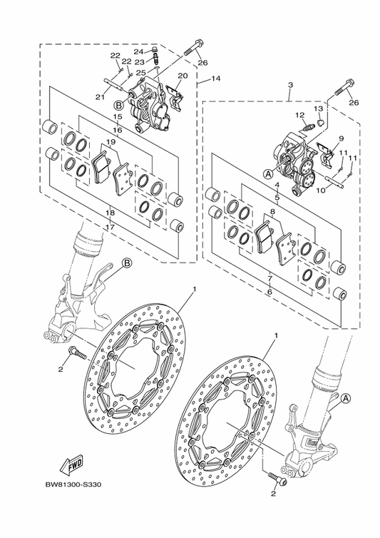Yamaha 2CR-2581T-00 Disk Brake Assy — shown on the Front Brake Caliper parts diagram