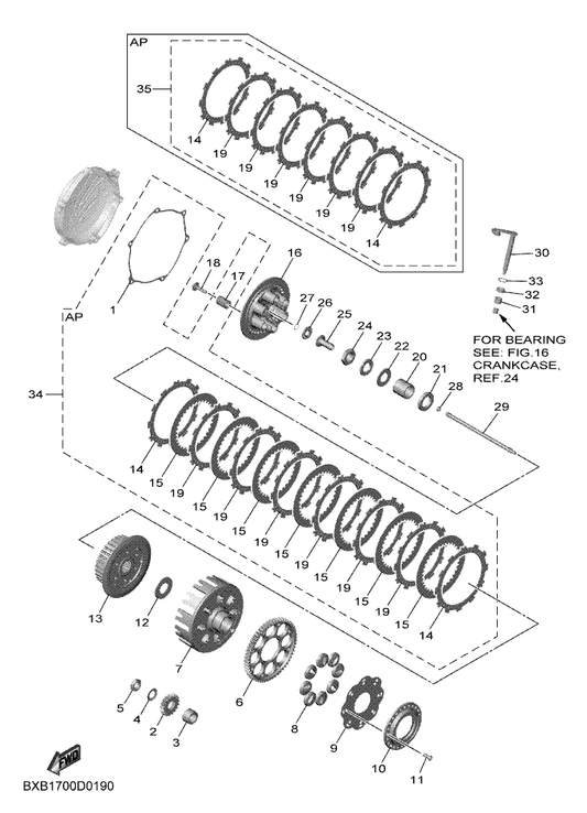 Yamaha 90208-16019 Washer, Conical Spring — shown on the Clutch parts diagram