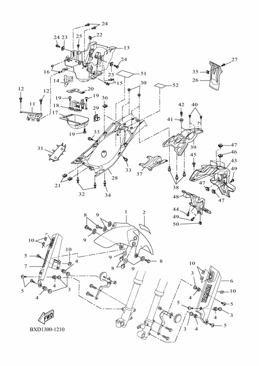 Yamaha BW3-F1511-00-P1 Fender, Front — shown on the Fender parts diagram