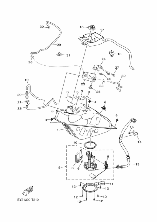 Yamaha BY3-F4315-00 Pipe 5 — shown on the Fuel Tank parts diagram