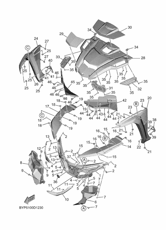 Yamaha B4J-K819L-A0 Panel, Front Fender 1 — shown on the Front Fender 2 parts diagram