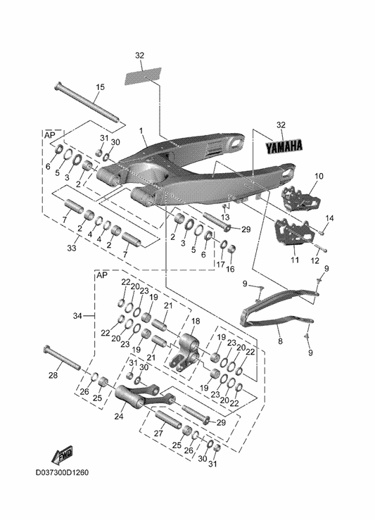 Yamaha 33D-22141-00 Shaft, Pivot — shown on the Rear Arm parts diagram