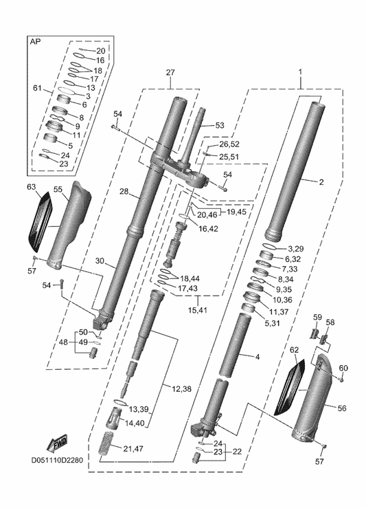 Yamaha 5XC-23146-00 . Washer, Oil Seal — shown on the Front Fork parts diagram