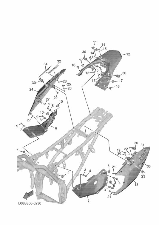 Yamaha D08-F153E-00 Emblem, Yamaha — shown on the Side Cover parts diagram