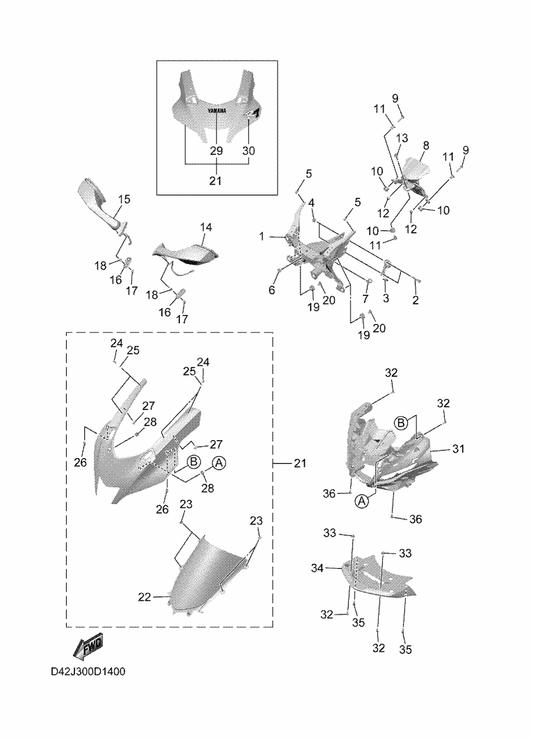 Yamaha D42-2835H-00 Body, Front Upper 2 — shown on the Cowling 1 parts diagram
