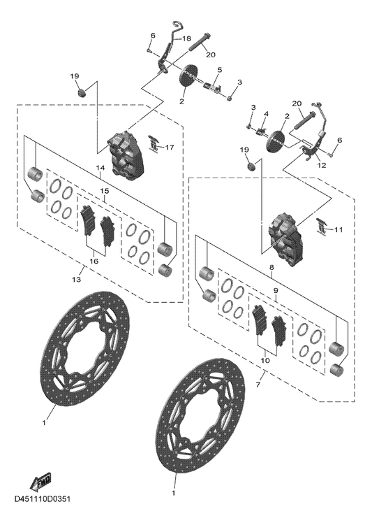 Yamaha 90105-10500 Bolt, Flange — shown on the Front Brake Caliper parts diagram