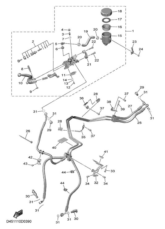 Yamaha D45-2584B-00 Hose, Brake — shown on the Front Master Cylinder parts diagram