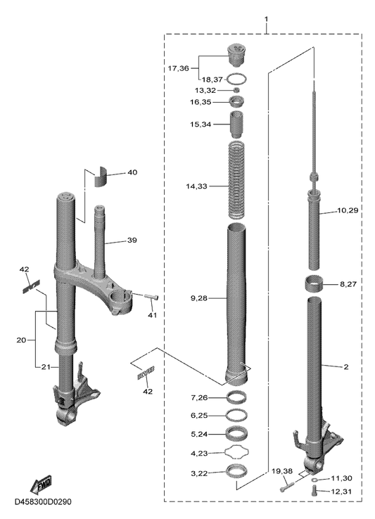 Yamaha D45-23102-00 Front Fork Assy (L.H) — shown on the Front Fork parts diagram