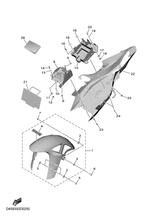 Yamaha D45-Y2151-10-P1 Front Fender Assy — shown on the Fender parts diagram