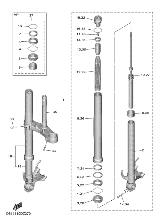 Yamaha 2CR-23111-11 . Bolt, Cap — shown on the Front Fork parts diagram