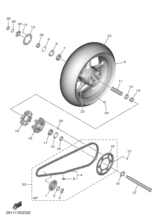 Yamaha 94118-17082 Tire(180/55 Zr17 M/C 73W) — shown on the Rear Wheel parts diagram