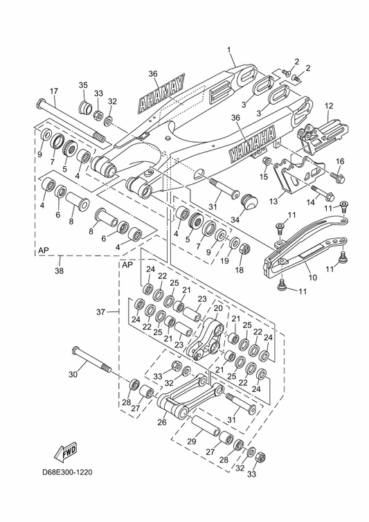 Yamaha 95E32-06050 Bolt, Flange Deep Recess — shown on the Rear Arm parts diagram