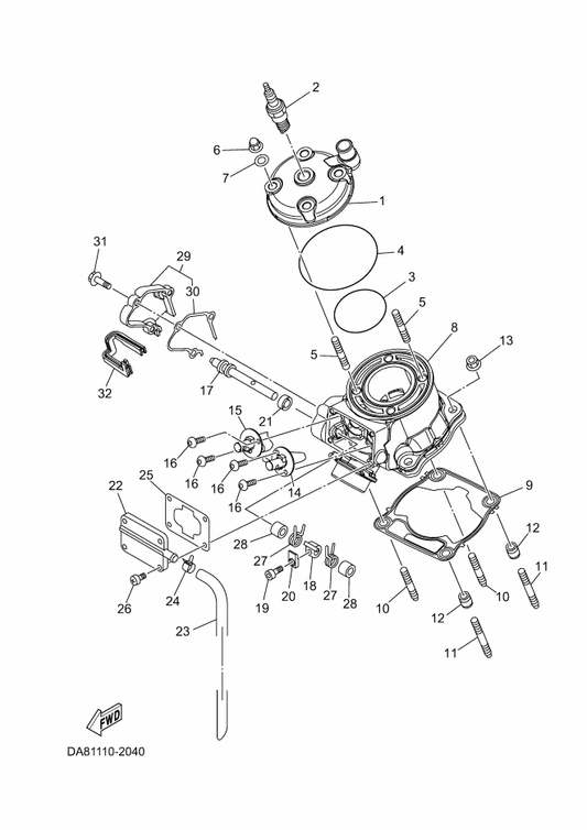 Yamaha DA8-1131D-00 Valve Assy — shown on the Cylinder parts diagram