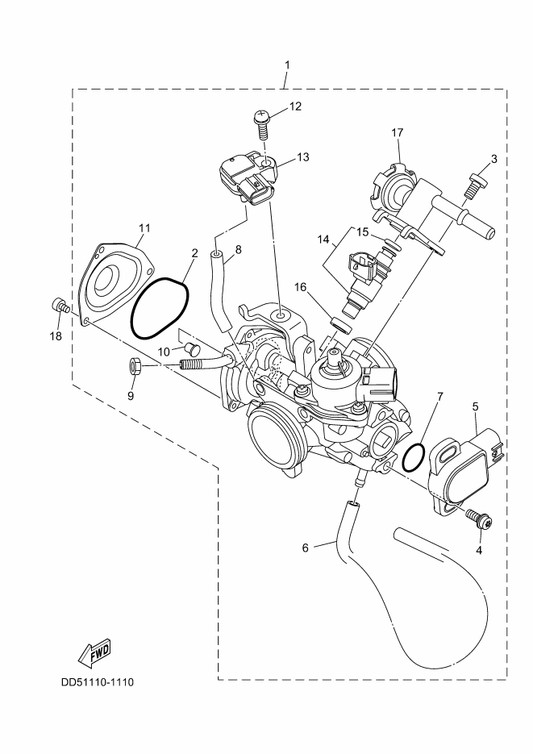 Yamaha BB5-13761-00 . Injector — shown on the Throttle Body Assy 1 parts diagram