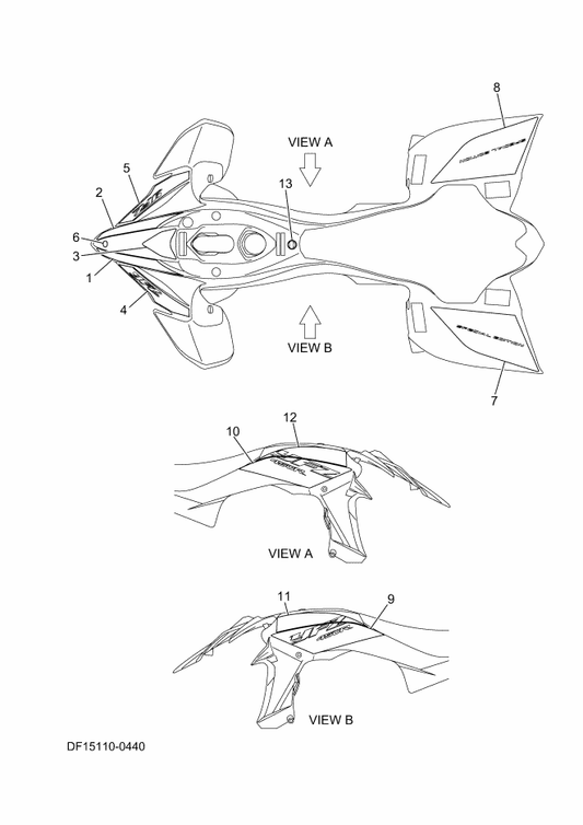 Yamaha DF1-F1782-10 Emblem 2 (Rh) — shown on the Graphics parts diagram
