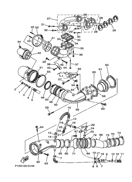Yamaha 90467-180A0 Clip — shown on the Exhaust 1 parts diagram