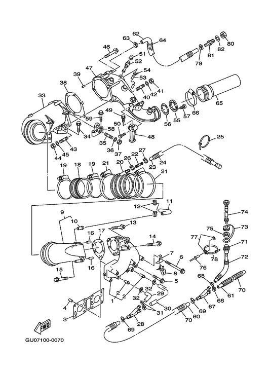 Yamaha 90450-22M14 Hose Clamp Assy — shown on the Exhaust 1 parts diagram